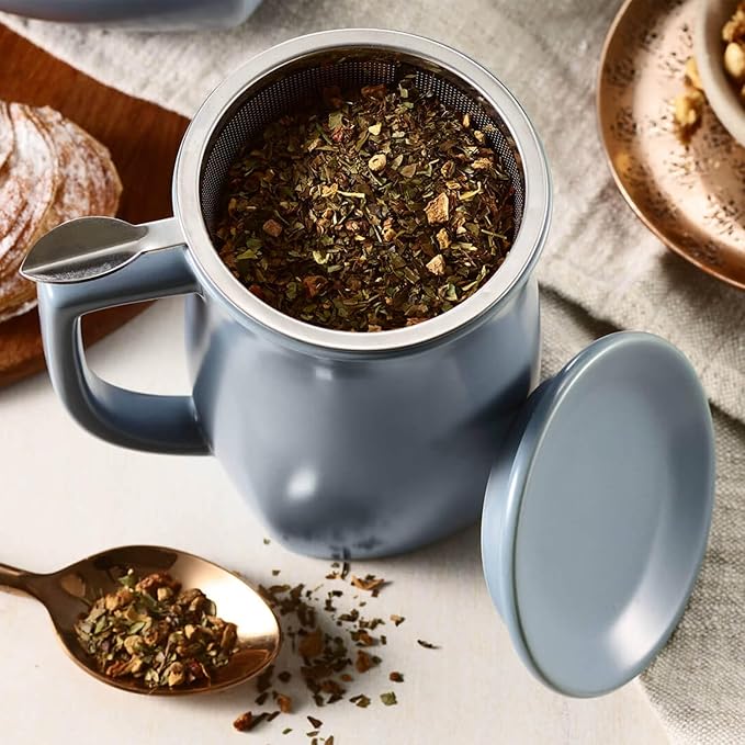 Tea Forte Ceramic Fiore Cup with Handle, Removeable Stainless Steel Infuser Basket and Lid, Steeps 14 oz Loose Leaf Tea, Dishwasher & Microwave Safe, Stone Blue