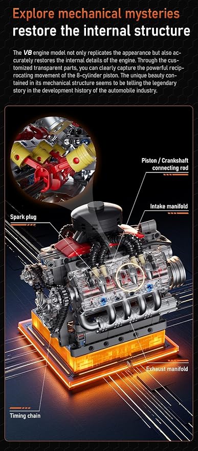 Sosuy V8 Engine Building-Blocks Sets, Working Motor Model, 487+PCS Mechanic Display Home Set for Collection Fans, STEM Cars Toys for Boys, Birthday Gitf for 8+ Kids Adults Men Girls