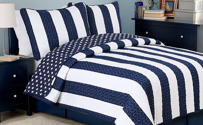 Cozy Line Home Fashions Sailor Popeye 's Bedding Quilt Set, Nautical Navy Blue White Star Striped 100% Cotton Reversible Coverlet Bedspread for Kids Boy (Sailor Star, Queen - 3 Piece)