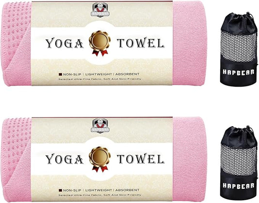 HAPBEAR 2 Pack Hot Yoga Towel with Non-Slip Grip Dots, 72" x 24" - Super Absorbent, Soft Microfiber Yoga Mat Towel for Bikram, Gym, Pilates - Pink