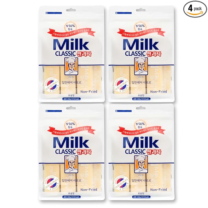 56% Milk Classic Korean Milk Rice Crackers, 33.84 oz 4 Pack | asian snack, oven baked, non fried, wrapped sticks, light crispy texture, tea coffee pairing, lunchbox pantry