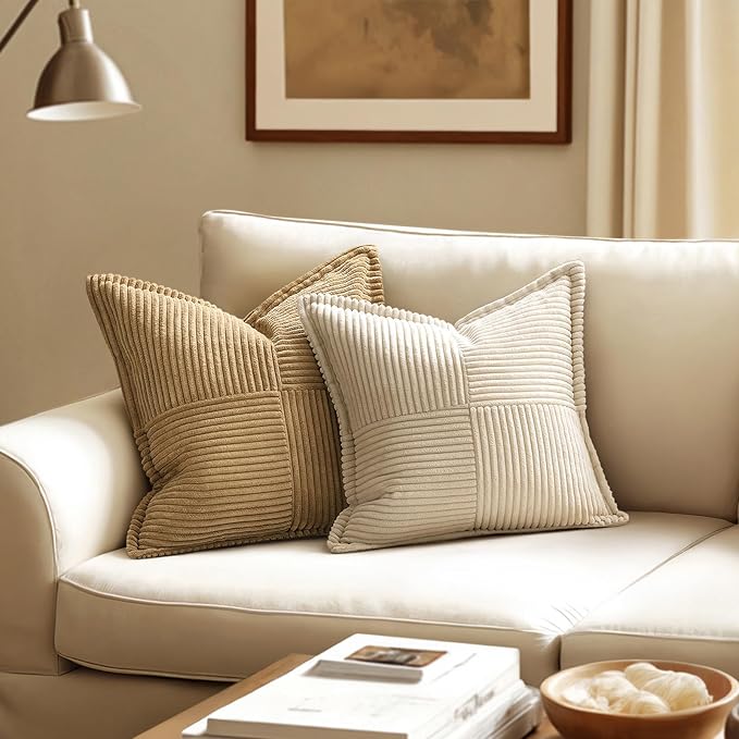 MIULEE Decorative Euro Sham Throw Pillow Covers for 22x22 Inch Beige 2 Pack | Boho Broadside Striped Patchwork Pillow Covers, Soft Corduroy Cushion Cases, For Bed Couch Sofa Livingroom Home Decor