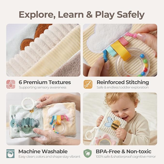 let's make Soft Baby Book, Sensory Crinkle Cloth Books for Babies 0-6 6-12 Months, Animal Tummy Time Toys with Baby Mirror & Squeaker, Touch and Feel Travel Stroller Toy, Newborn Gift Baby Shower