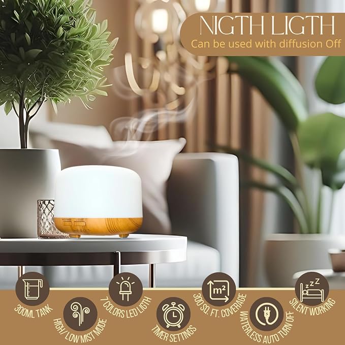 Mystic Romance Essential Oil Diffuser, 300ml Aromatherapy Humidifer and Nigth Ligth for Relaxing Atmosphere in Home Office Yoga and Spa, for Everyone, Auto-Off Safety Switch. Light Wood