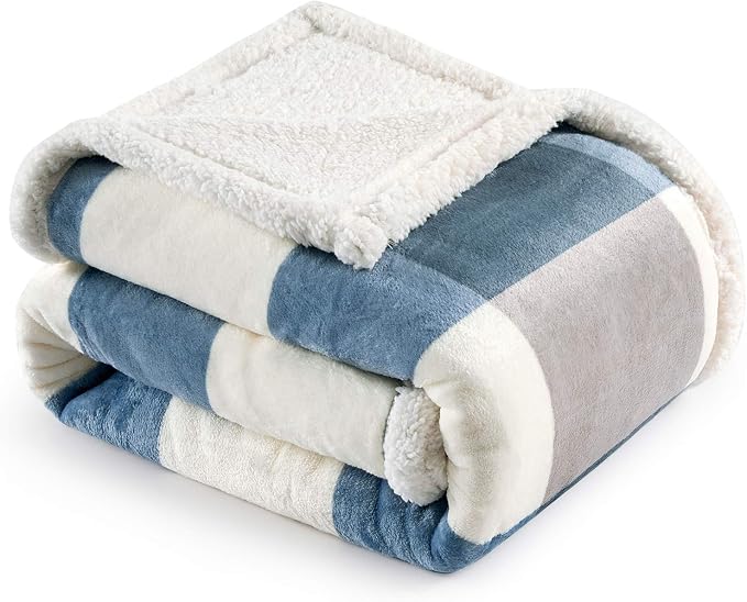 PU MEI Sherpa Throw Blanket for Couch Sofa 50“*60”-Fuzzy Soft Cozy Fleece Thick Warm Blanket for Winter, Soft Throws Plush Fluffy Lattice Flannel Blankets (Grey-Soft Blue)