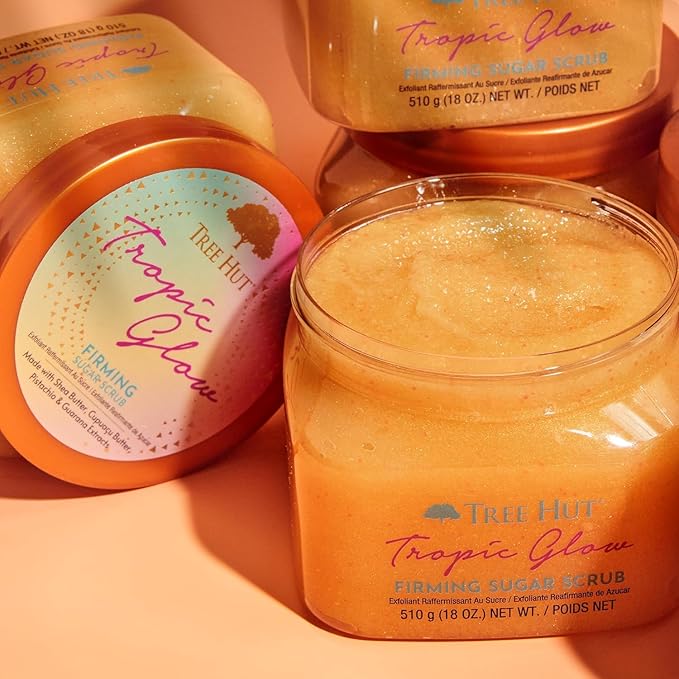 Tree Hut Tropic Glow Shea Sugar Scrub, Exfoliating & Hydrating Body Scrub with Shea Butter, Radiant Glow, Warm Scent, 18 oz