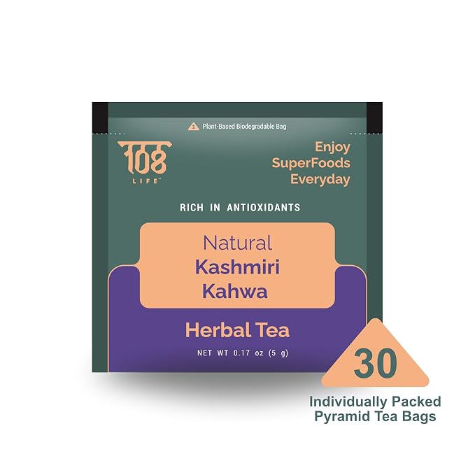 108LIFE Natural Kashmiri Kahwa Herbal Tea | Detox Tea | Herbal Tea Bags | Rich in Antioxidants | 100% Natural | With Plant-Based Biodegradable Pyramid Tea Bags | 30 Tea Bags Pack