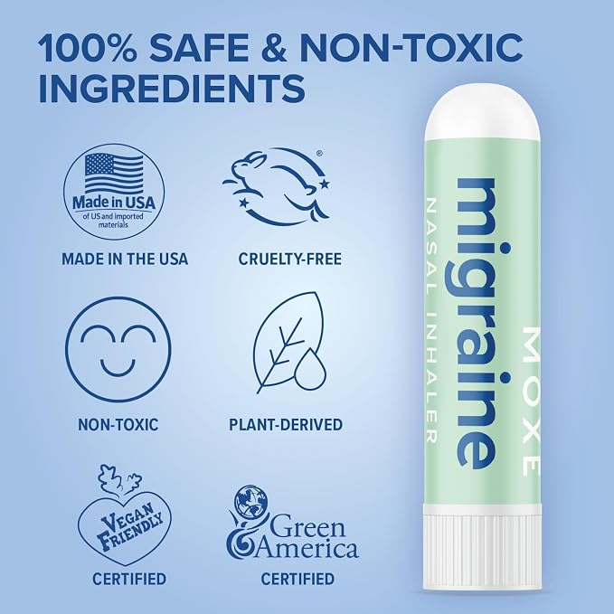 MOXE Migraine Relief Nasal Inhaler, Essential Oils for Headaches & Tension Relief, Portable Aromatherapy, Easy-to-Use, Pure & Undiluted, Peppermint, Spearmint, Eucalyptus, Tea Tree, 1 Pack