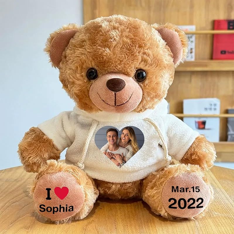 Custom Bear Plush with Picture Text Logo, 11 Inch Personalized Teddy Bear Stuffed Animal, Christmas Birthday Gift for Girls Boys Kids Adults Valentines Graduation Keepsake (Hoodie