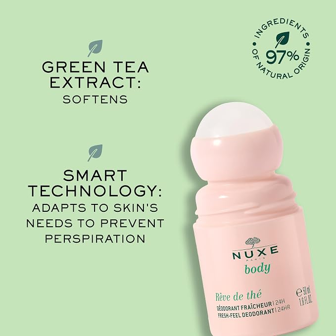 NUXE Aluminum-Free Roll-On Deodorant with Green Tea, Rêve de Thé Natural 24-Hour Odor & Sweat Protection Roller, Quick-Dry Comfort for Women, 1.6 fl oz