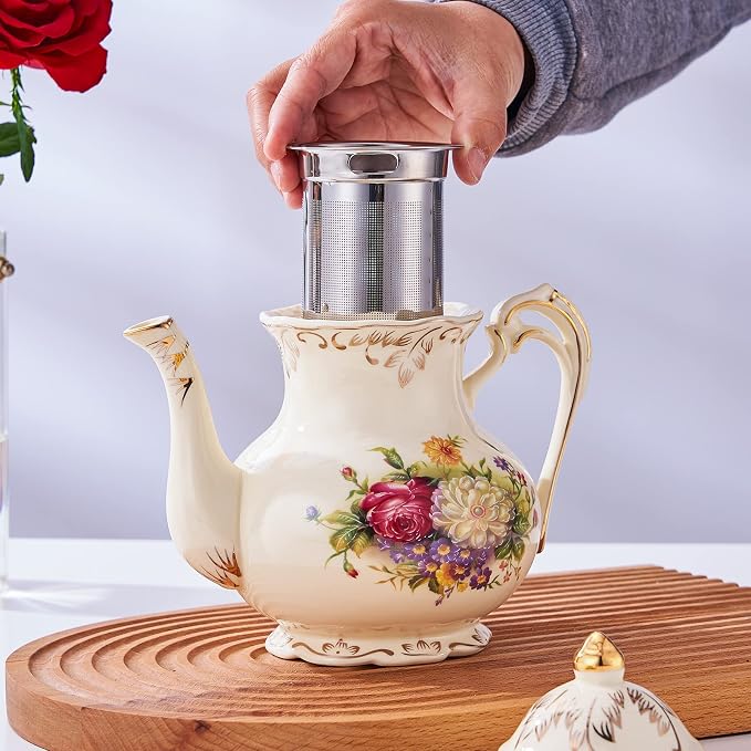 YOLIFE Flowering Shrubs Teapot, 35 OZ /4 Cup Vintage Ivory Porcelain Tea Pot with Infuser for Loose Leaf Tea, Floral Teapot with Gold Trim