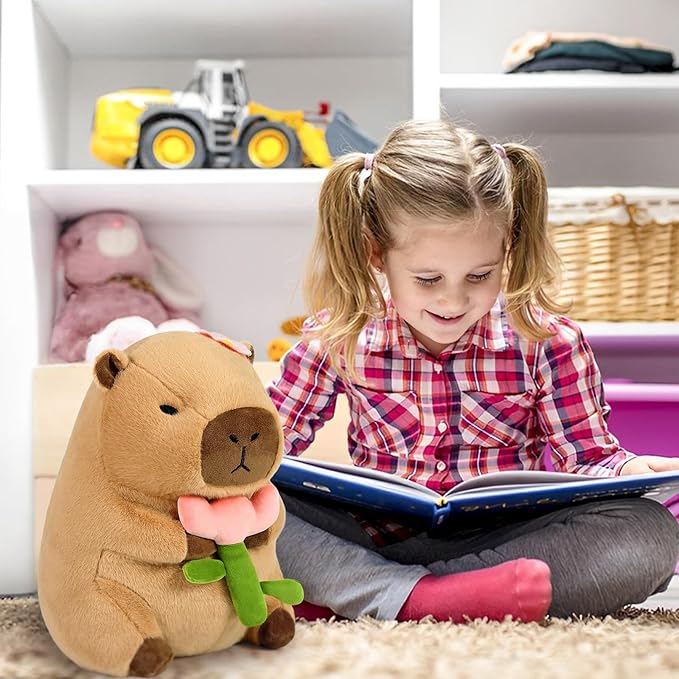 Ditucu Cute Capybara Plush Pillow Holding Flower Capibara Stuffed Animal Plushies Toys for Gifts for Kids Girlfriend Brown 13.7 inch
