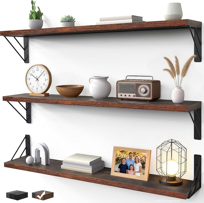 BAYKA Wall Shelves for Bedroom Decor, Floating Shelves for Wall, Display Mounted Rustic Wood Shelf for Books,Plants,Corner Shelves for Bathroom,Kitchen,Living Room(Rustic Brown，36in，Set of 3)