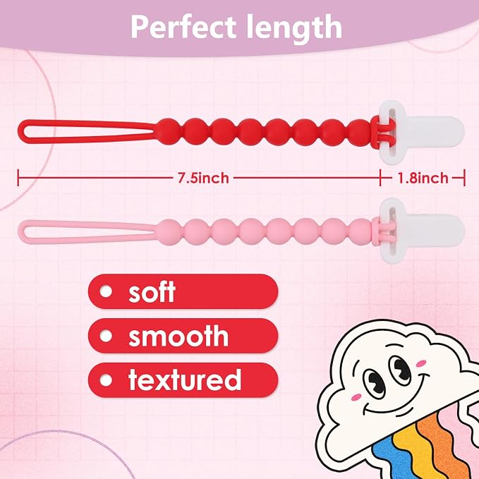 4-Pack Silicone Pacifier Clips with One-Piece Beads for Baby Boys and Girls - Flexible and Rust-Free Holders for Teething Relief and Baby Essentials, Safe for Newborns (Pink)