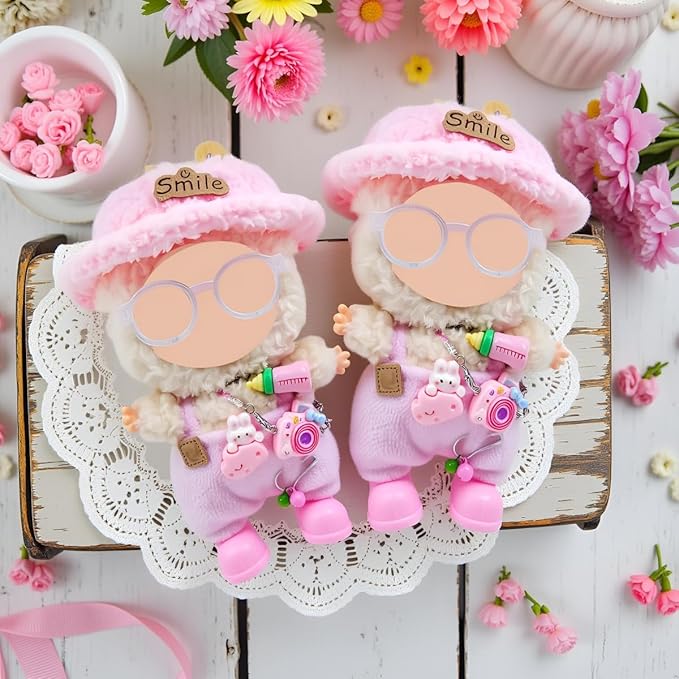 Doll Clothes Outfit and Accessories Suitable for 17cm Dolls, 5 Piece Set Romper Hat Camera Backpack Glasses Shoes (No Doll) Pink