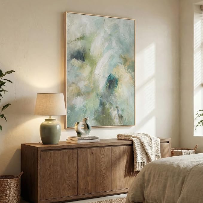 Extra Large Framed Teal Abstract Wall Art, Oversized Vertical Sage Green Canvas Prints Paintings Artwork for Walls, Modern Minimalist Pictures Wall Decor for Living Room Bedroom Hallway 40x60 In