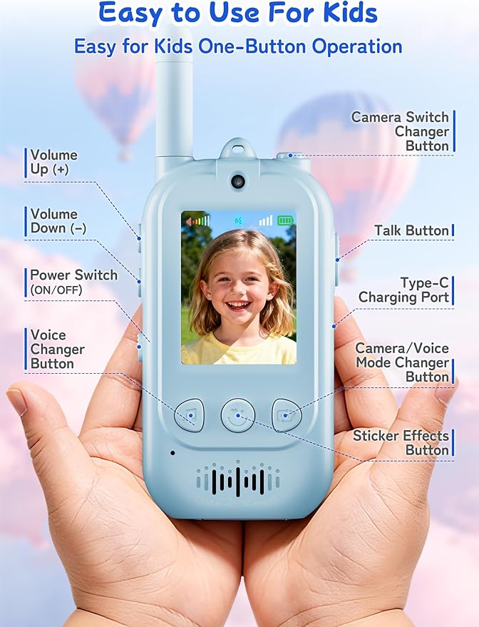 Upgraded Kids Video Walkie Talkies with Real-Time Two-Way Video, No WiFi or App Required, Long Range Outdoor Up to 1600FT, Rechargeable Video Intercom Toy for Boys & Girls Ages 3–12 (Blue & Pink)
