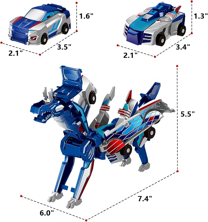 Collision Transforming Dinosaur Car Toy, 2 Magnetic Cars Transform into Dinosaur Toys for Kids Toddler Fun Deformation Robot Dino Car Christmas Birthday Gift Toys for Boys Girls(Blue Dragon)