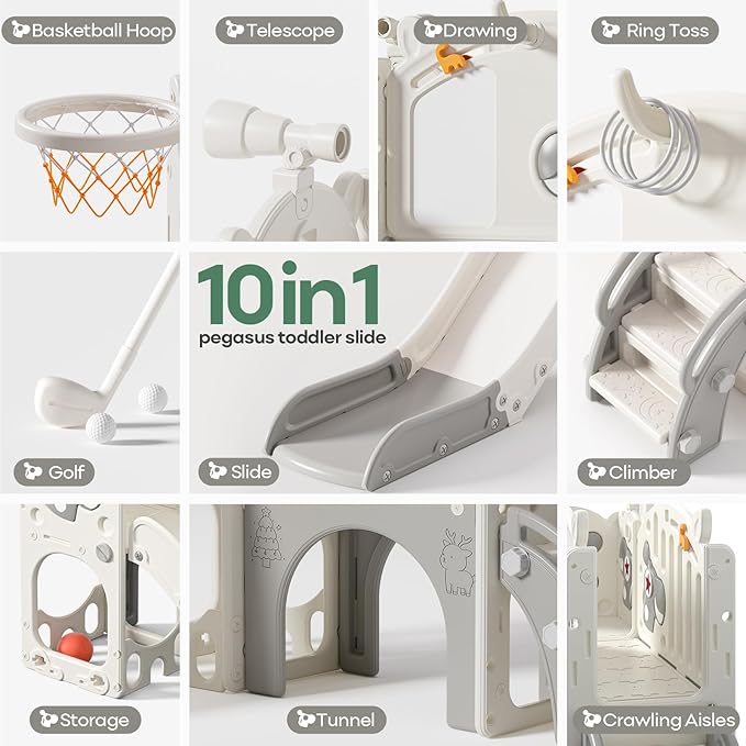 Mloong Toddler Slide for Kids - 10 in 1 Kids Slide for Toddlers Baby 1-3 Years Old, Indoor and Outdoor with Basketball Hoop Golf Drawing Set, Easy Assembly Elk Theme (Beige & Gray)(54×62×39in)