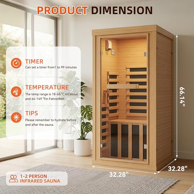 1 Person Infrared Dry Sauna, Canadian Hemlock Wood Indoor Home Spa Sauna Room with Speakers, Tempered Glass Door, 149°F Max, 32.3"x32.3"x61.6"