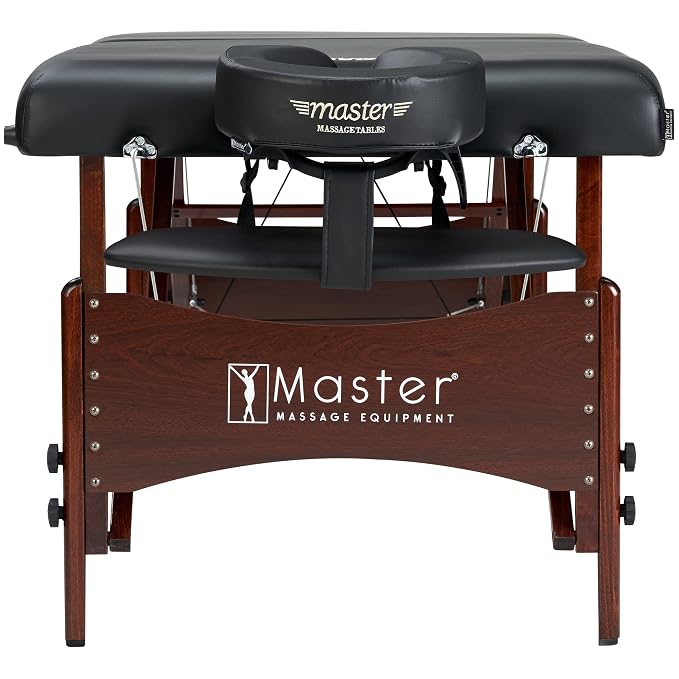 Master Massage Newport Portable Massage Table Package with Denser 2.5" Cushion, Walnut Stained Hardwood, Steel Support Cables, Pillows & Accessories, Black, 30"