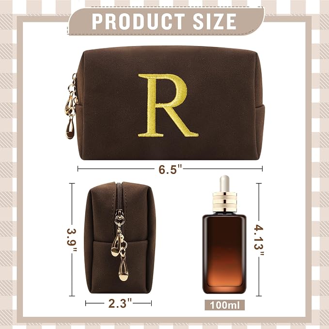 Personalized Initial Makeup Bag,Preppy Suede Cosmetic Bag for Teen Girls,Small Monogram Travel Toiletry Bag With Gold Embroidered Letter,Trendy Stuff Custom Christmas Gift for Women(Coffee-R)
