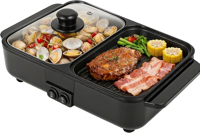 Hot Pot Electric with Grill,2 in 1 Indoor Non-Stick Electric Pot and Griddle,Independent Dual Temperature Control,for Korean BBQ, Steaks, Noodles & More