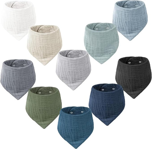 Konssy Muslin Baby Bibs 10 Pack Baby Bandana Drool Bibs 100% Cotton for Unisex Boys Girls