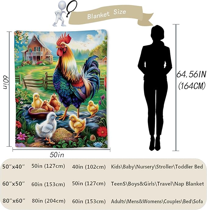 Chicken Farmhouse Blanket, Soft Warm Lightweight Animal Flannel Throw Blanket for Couch, Bed, Travel, Home Decor, Cozy Fuzzy Blankets for Women Girls 50×40 in