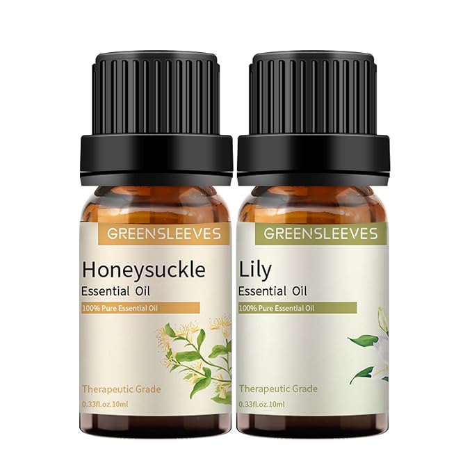 GREENSLEEVES Honeysuckle Lily Essential Oil Set, 2 x 10ml Pure Plant-Based Fragrance Oil for Aromatherapy, Essential Oils for Diffuser, Massage, Bath Bomb, Scented Candle Soap Making