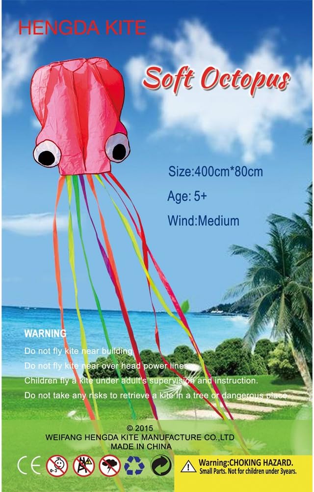 Hengda Kite Soft Octopus Kite Series, Beautiful Kite with Long Colorful Tail for Kids and Adults, Easy to Fly Beach Kites, Excellent Outdoor Games and Activity Toys, Suitable for Beginners.