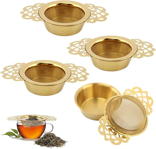 4 Pack Tea Strainer Bowl,Stainless Steel Tea Strainer Bowl, Fine Mesh Fil-ter with Drip Bowl & Winged Handles for Loose Tea/Coffee, Fits 2.5-4 Inch Cup Mouth(COLOR:Glod)