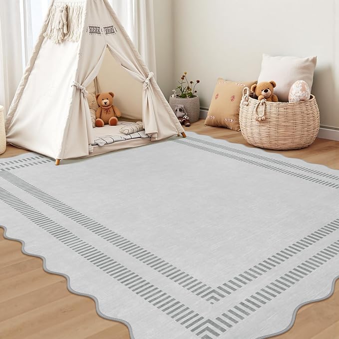 Washable Rug 5x7 Area Rugs for Living Room, Solid Grey Rug Non Slip Scalloped Carpet with Rubber Back, Soft Low Pile Rugs for Nursery Bedroom Dorm