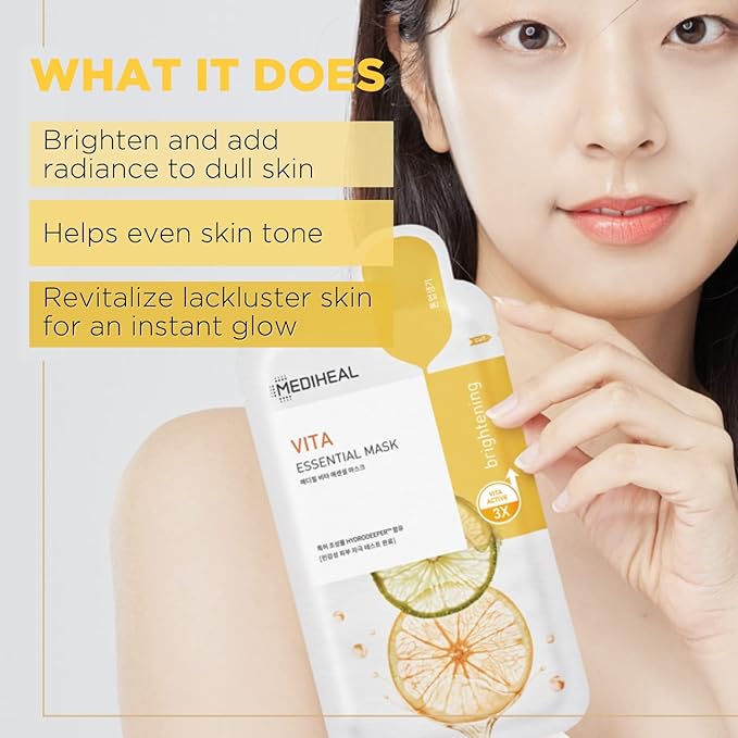 Mediheal Best Korean Sheet Mask - Vita Essential Face Mask 10 Sheets Vitamin Mask For All skin types Smoothing Tightening Toning up Brightening (Pack of 2)