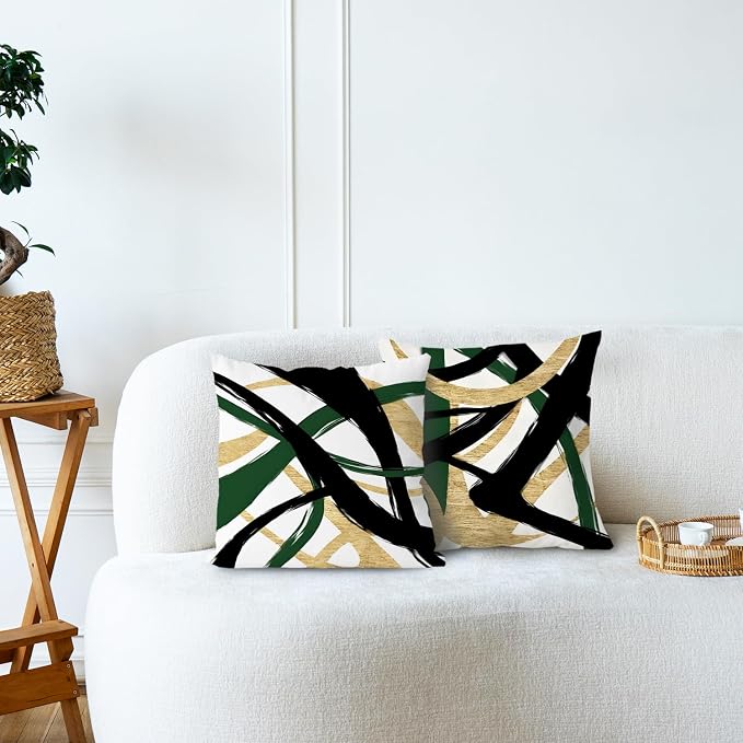 Black Gold and Green Pillow Covers, Abstract Black and Gold Pillow Covers 16x16 Set of 2, Modern Boho Decorative Throw Pillows Cover for Couch Bed Living Room