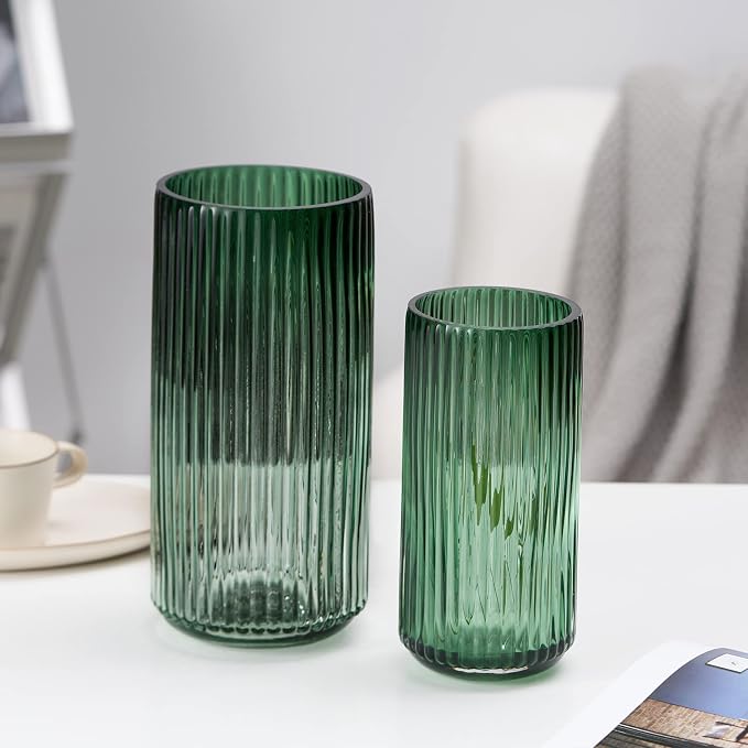 Flower Vase 10 inch Green Thickened Hand Blow Glass Vase Round Vintage Striped Bottles for Bookshelf,Dinner Table,Indoor Office Desktop,Meeting Room,Bathroom,Countertop,Home