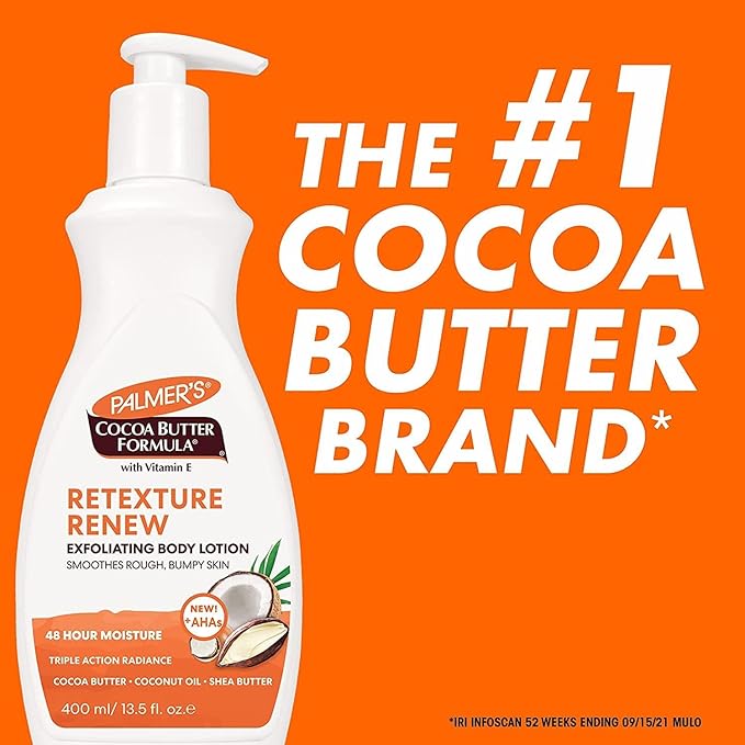 Palmer's Cocoa Butter Formula Retexture & Renew Exfoliating Body Lotion for Rough & Bumpy Skin, Triple Action Moisturizers + AHAs, Pump Bottle, 13.5 Ounce