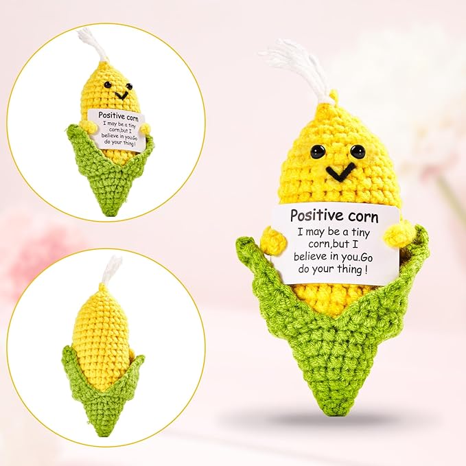 Hoedia Handmade Emotional Pickle Gift, Emotional Cucumber Crochet Doll Inspirational Gifts with Cards, Cute Knitted Funny Support Pickle Potato Friend Birthday (Positive Corn)