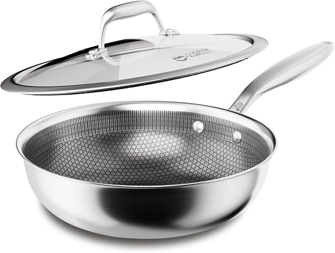COOKER KING 10" Hybrid Wok Pan with Lid, Nonstick Deep Skillet for Stir-Fry | Non-Toxic Coating, Dishwasher & Oven Safe, Induction Ready, Stay-Cool Handle, 3-Ply Stainless Steel Clad for Fast Heat