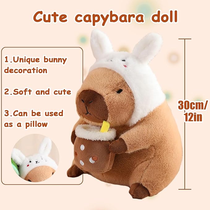 12" Capybara Plush Toy Pillow, Cute Bunny Capybara Stuffed Animal, Soft Plushies Doll for Girls Boys Kids, Kawaii Hugging Toy Birthday Decorations Gifts Toys