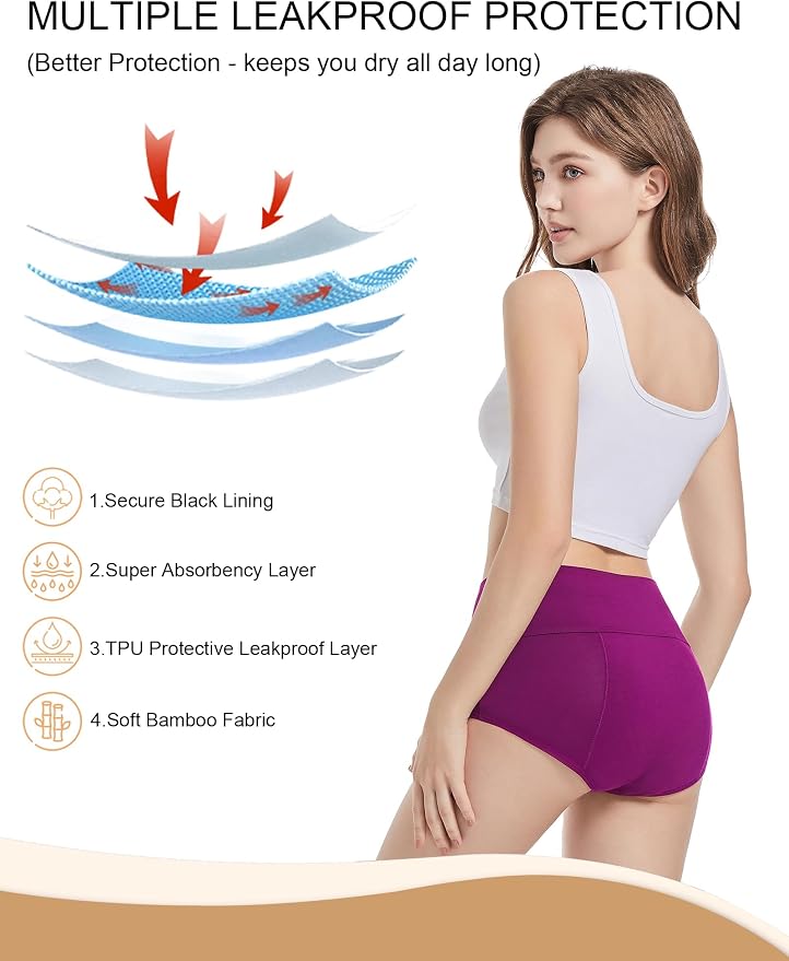 ECO PERIOD Heavy Flow Period Underwear for Women Leakproof Period Panties | Menstrual Underwear for Teen, All-Day Long - Overnight Protection, Women's Postpartum High Waist Brief, Absorb up to 50ML