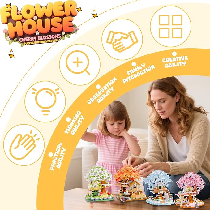 Japanese Cherry Blossom Tree Mini Micro Building Block Sets，Flowers House Mini Bricks Building Kit- Ideal DIY & Home Decor for Adults, Fun Creative Gift for Kids.