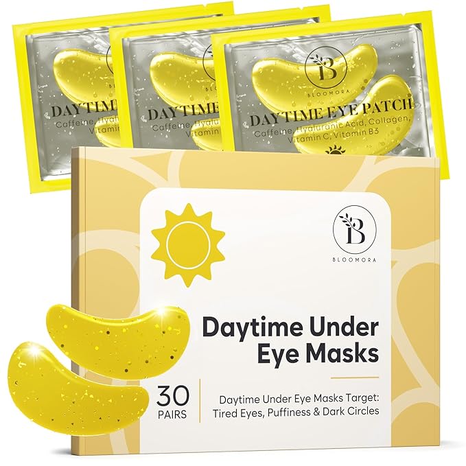 BLOOMORA Daytime Under Eye Patches for Puffy Eyes and Dark Circles, Gel Eye Masks with Caffeine, Collagen & Vitamin C, Deeply Moisturizing, Bachelorette Party Favors, Anti Wrinkle Patches (30 Pairs)