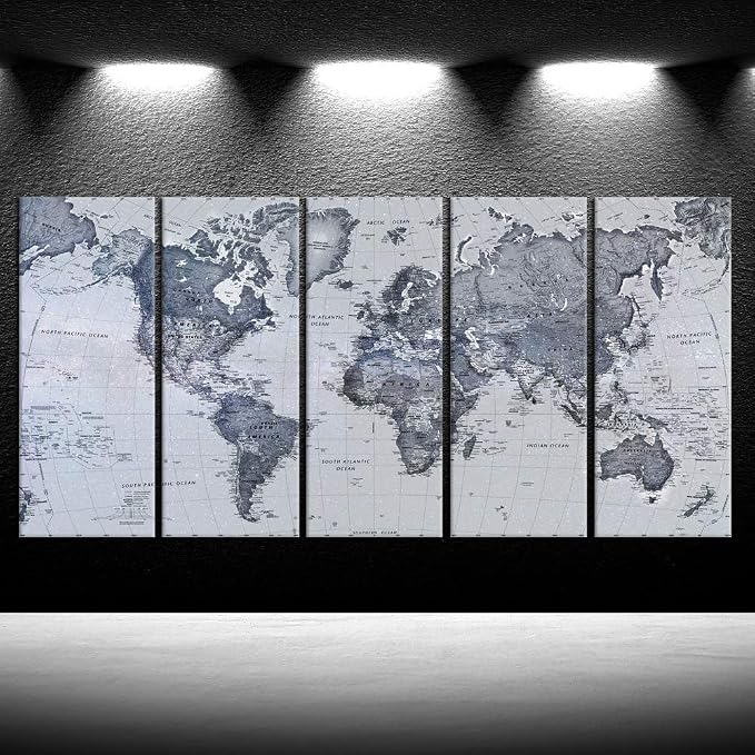iKNOW FOTO 5 Pieces Vintage World Map Canvas Prints Push Pin Wall Art Decor Trace Travel Marks The Map of The World Antique Framed Picture for Living Room Office 16x40inx5
