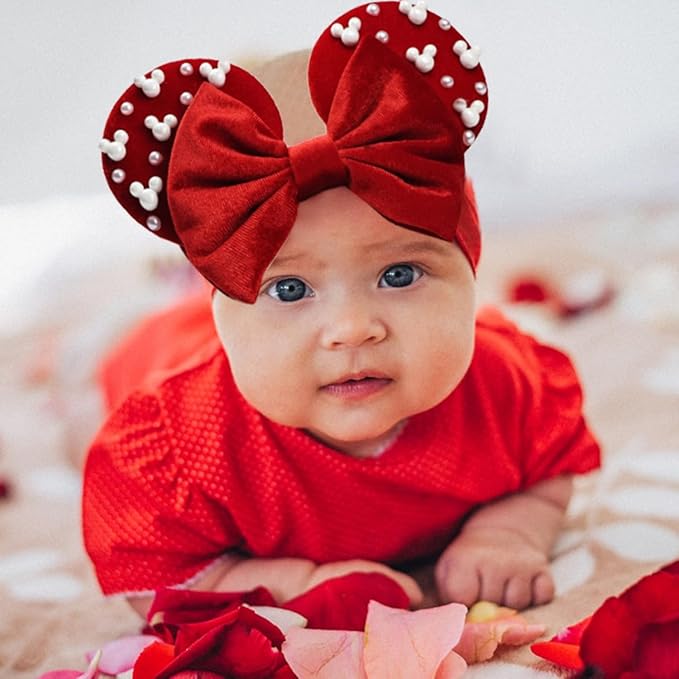 JIAHANG Baby Girl Red Velvet Mouse Ears Turban Headwrap with Beads, Wide Velour Hairband for Baby Girls, Toddler, Kids, Party Supplie