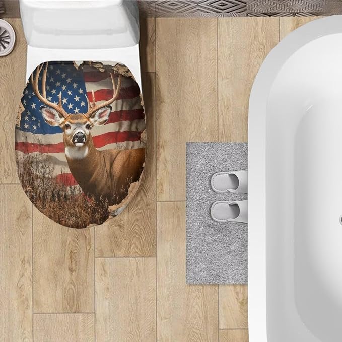 American Flag Deer Toilet Seat Cover for Bathroom 4th of July Decorations Patriotic Toilet Seat Pads Dust Cover Replacement Reusable Replacement Fabric Elastic,Easy to Clean