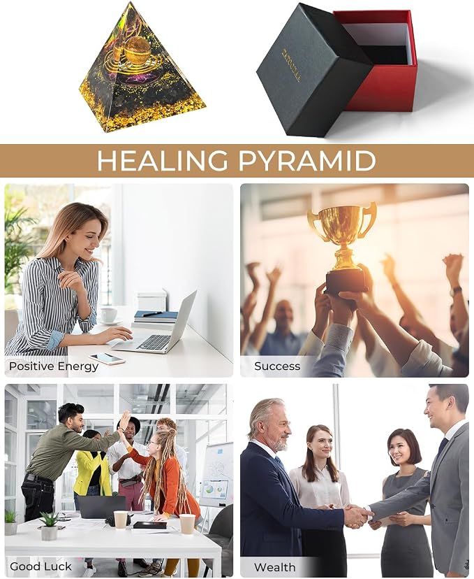Orgone Pyramid with Healing Crystals - (Space - Planets) - Golden Obsidian Energy Generator for Positive Vibe, Stress Relief & Chakra Reiki Meditation - Spiritual Gift for Success, Wealth & Prosperity