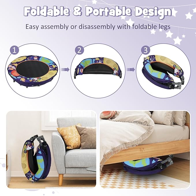 GYMAX 36” Toddler Trampoline with Lights, Folding Springless ASTM Approved Small Kids Rebounder with Foam Handle, Safety Padded Cover & Foldable Legs, Mini Indoor Baby Trampolines