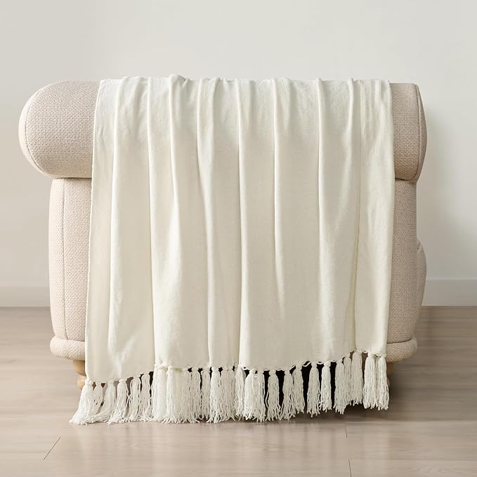 Chenille Knit Throw Blanket for Couch, 50"x60", Ivory White | Cozy Plush Fuzzy Knittd Throw with Tassels, Lightweight, Decorative, Farmhouse Decor, Ideal for Bed Sofa Gift, All Seasons