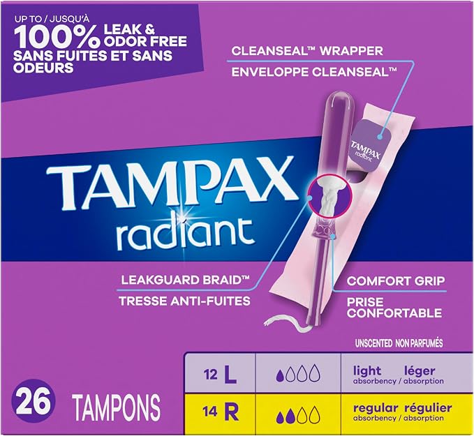 Tampax Radiant Tampons Multipack, with LeakGuard Braid, Light/Regular Absorbency, Unscented, 26 Count, Packaging May Vary (Pack of 6)